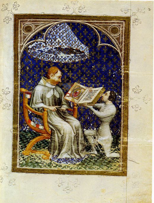 Jean de Vaudetar presents the king with an illuminated manuscript.